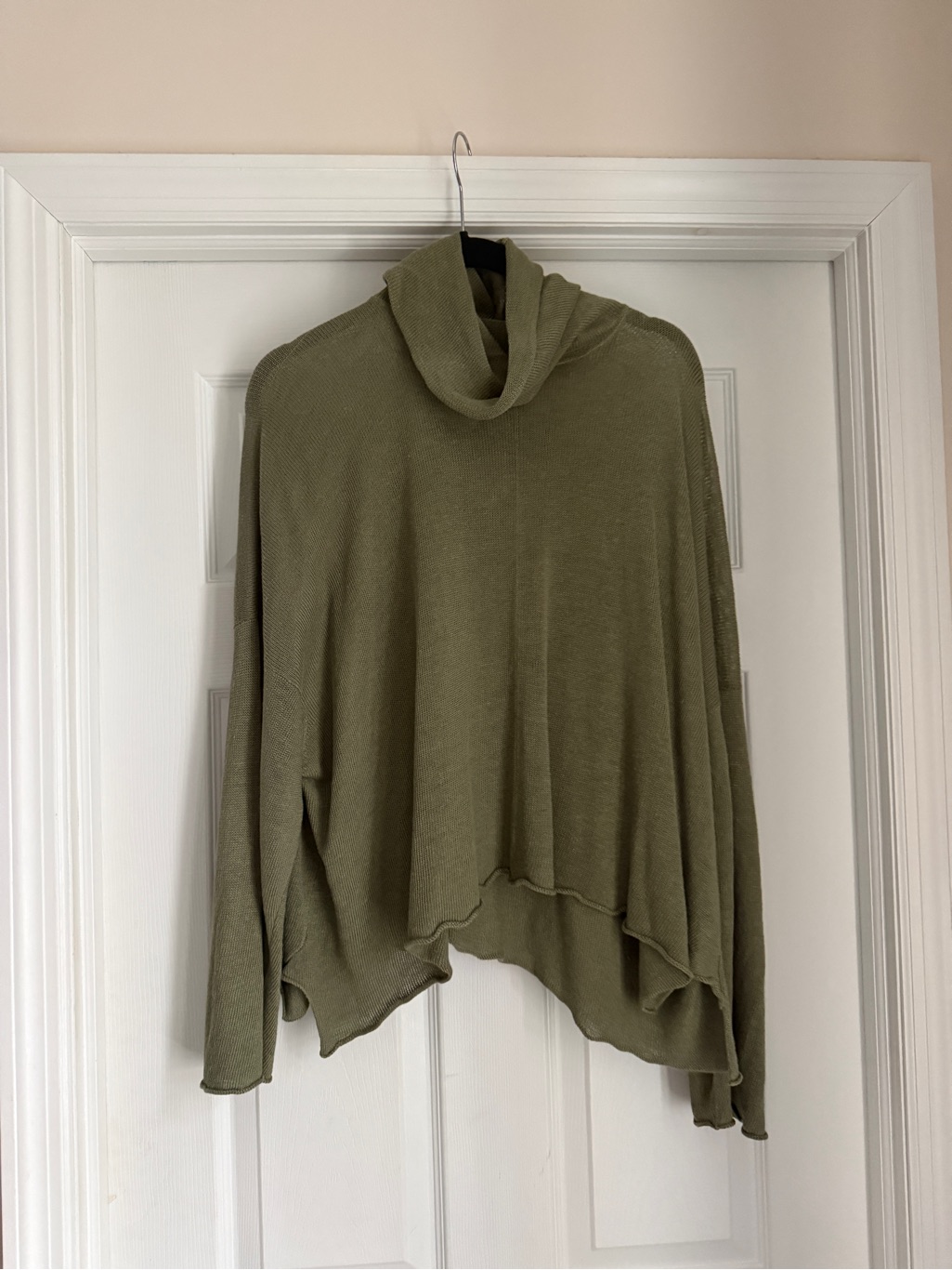 Eskandar Light Olive/Pea 100% Lightweight Linen, Draped Turtleneck Sweater